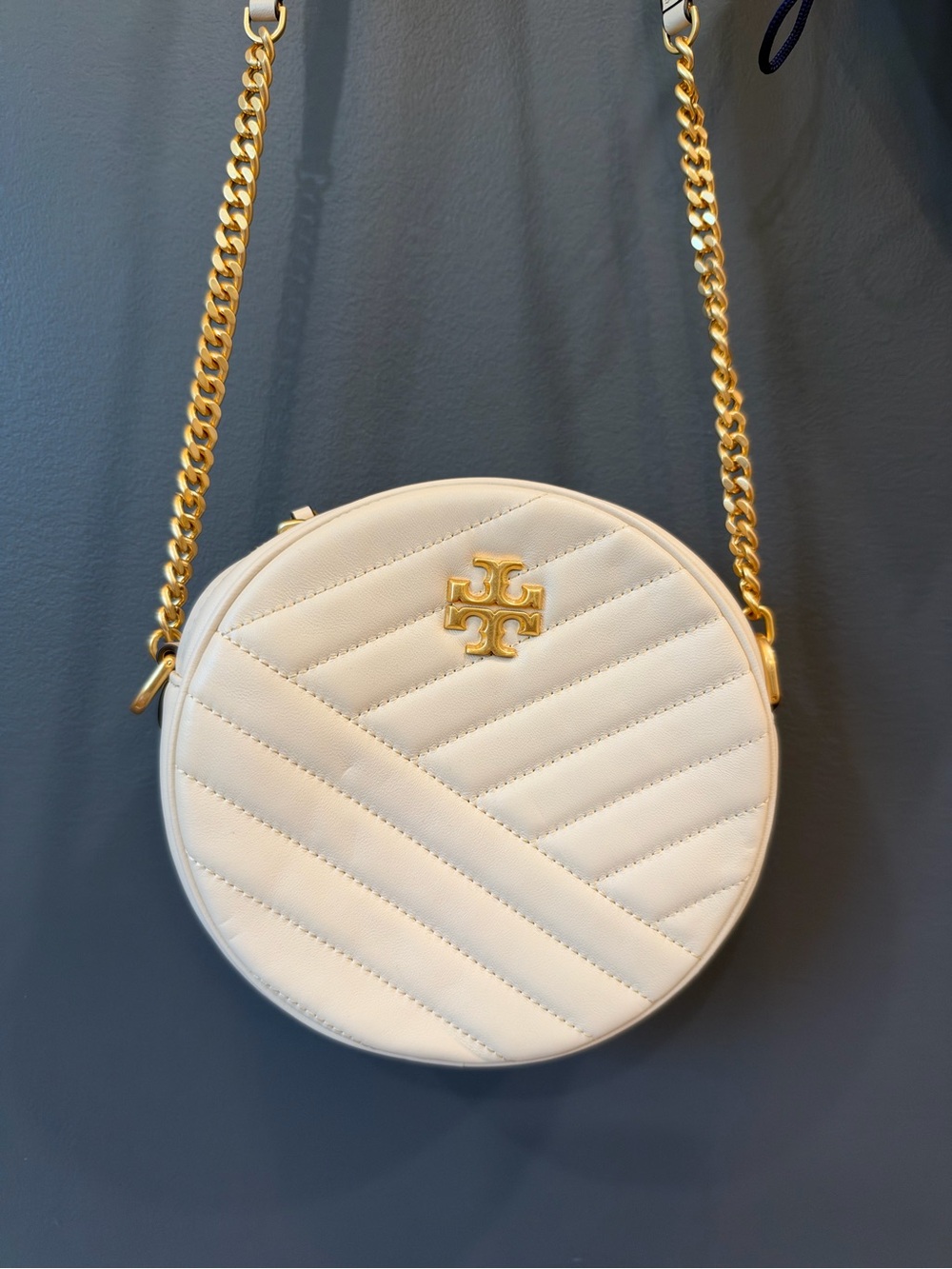 Tory Burch Cream Quilted Round Crossbody with Gold Chain